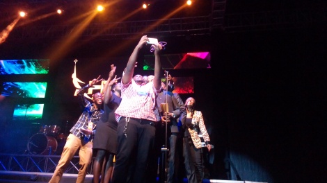 DJ Twonjex takes a selfie With Power Fm Team on HIT AWARDS 2015 stage. 